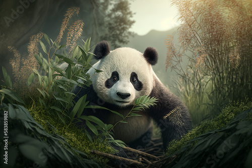 Alta realistic forest spawning pandas with grass with Generative AI technology