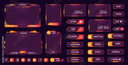 Gamers stream screen frames. Graphic game streaming interface, mmo game menu, garish frames, bars and buttons flat vector illustration set. Modern gamers stream collection