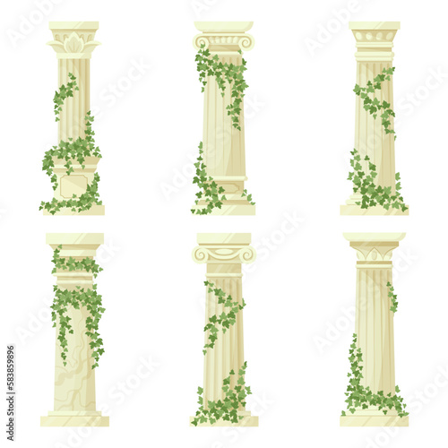 Ivy-covered classic columns vector set. Cartoon greek antique roman pillars with climbing ivy branches isolated flat vector illustration collection