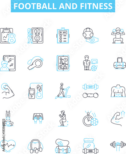 Football and fitness vector line icons set. Football, Fitness, Training, Practice, Running, Agility, Coaching illustration outline concept symbols and signs