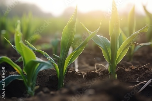 A field in spring with fresh green sprouts in soft focus. Generative ai