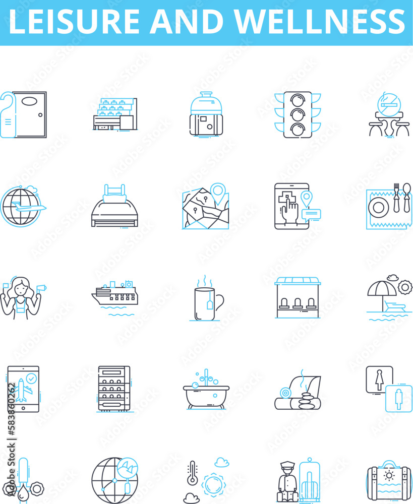 Leisure and wellness vector line icons set. Leisure, Wellness, Relaxation, Vacation, Fitness, Fun, Health illustration outline concept symbols and signs