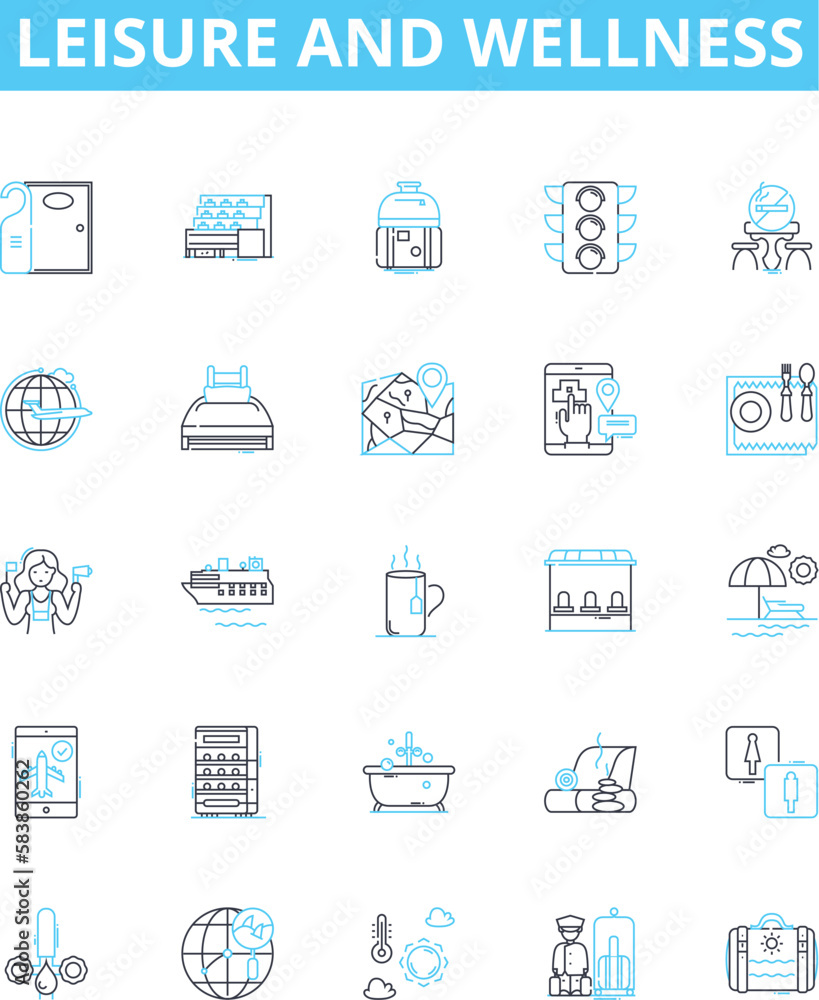 Leisure and wellness vector line icons set. Leisure, Wellness, Relaxation, Vacation, Fitness, Fun, Health illustration outline concept symbols and signs Leisure and wellness vector line icons set. Leisure, Wellness, Relaxation, Vacation, Fitness, Fun, Health illustration outline concept symbols and signs