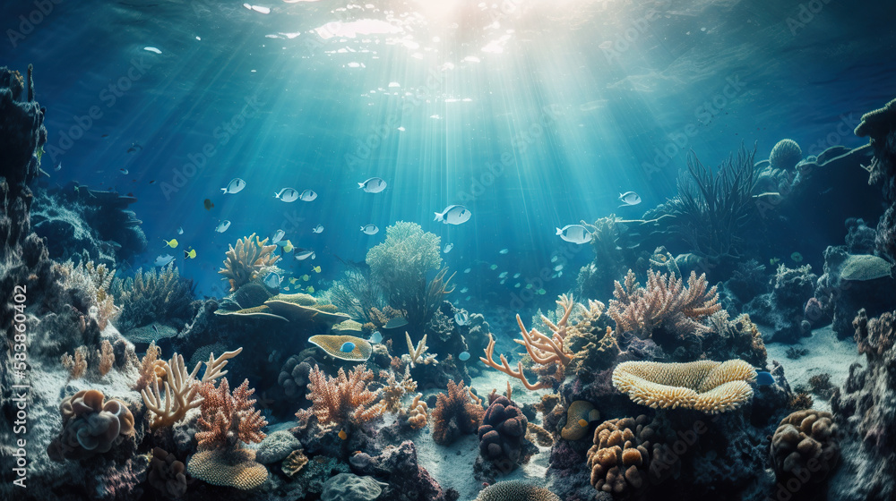Ocean underwater scene of picturesque coral reef. Based on Generative AI Ocean underwater scene of picturesque coral reef. Based on Generative AI