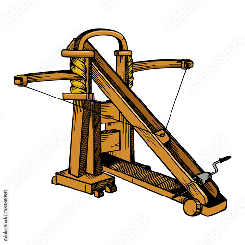 Quadro su tela Ballista medieval weapon line art sketch PNG illustration with transparent backg