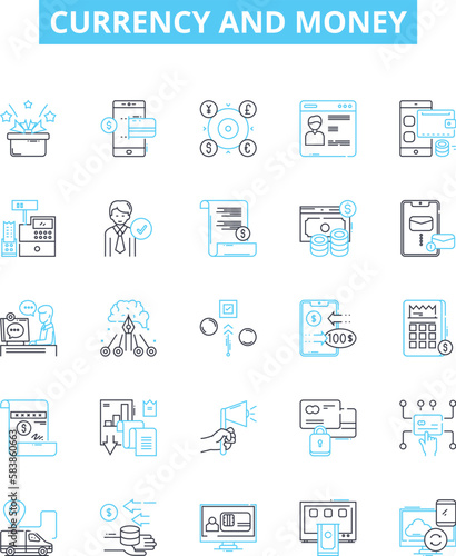 Currency and money vector line icons set. Currency, Money, Forex, Exchange, Banking, Loans, Investment illustration outline concept symbols and signs