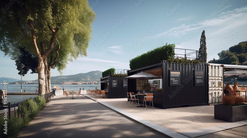 illustration concept of sustainability and recycle , container box remake as restaurant, office or house or hotel, landscape of beautiful lakeside house, generative ai