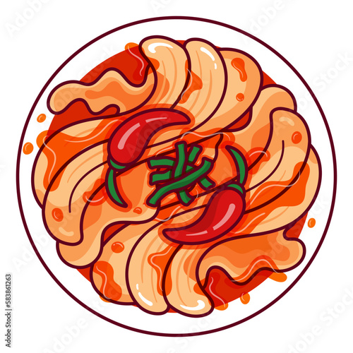 Korean spicy kimchi recipe illustration vector. Asian side dish food icon design. Korean red cabbage salad top view cartoon. Korean food menu vector.