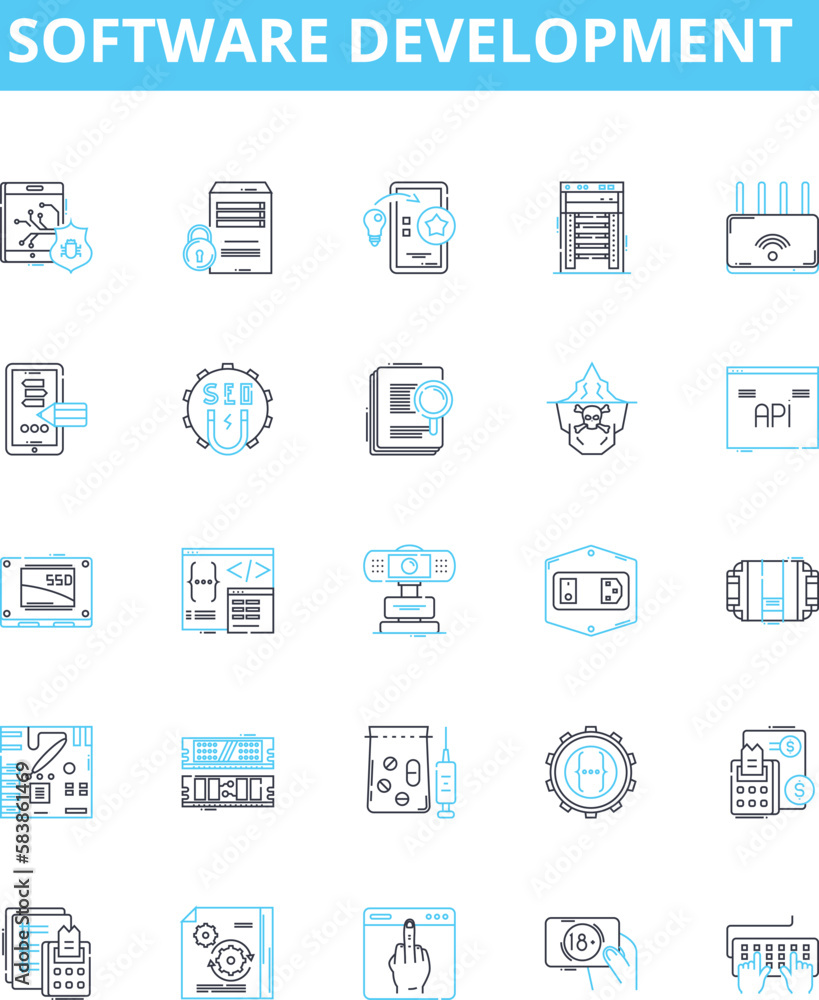 Software development vector line icons set. Software, Development, Programming, Coding, Algorithm, Architecture, Debugging illustration outline concept symbols and signs Software development vector line icons set. Software, Development, Programming, Coding, Algorithm, Architecture, Debugging illustration outline concept symbols and signs