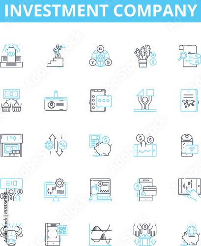 Investment company vector line icons set. Investment, Company, Finance, Fund, Stocks, Wealth, Adviser illustration outline concept symbols and signs