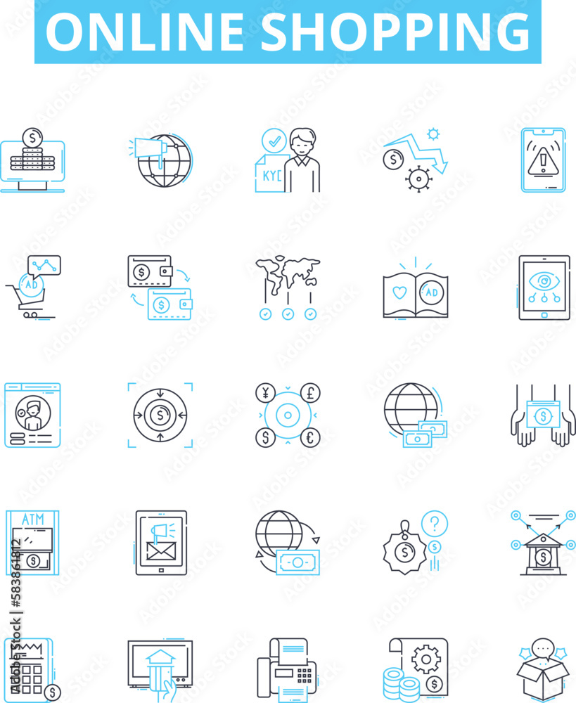 Online shopping vector line icons set. Shopping, Online, E-commerce, Purchasing, Buy, Shopping-Cart, Marketplace illustration outline concept symbols and signs