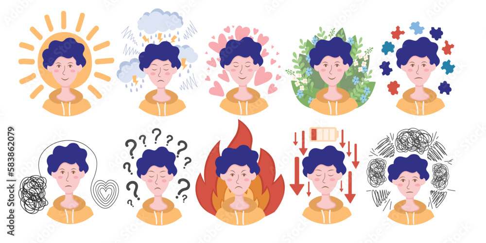 Doodle Flat Clipart. Illustration about mental health. All Objects Are Repainted. Doodle Flat Clipart. Illustration about mental health. All Objects Are Repainted.