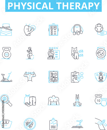 Physical therapy vector line icons set. Physiotherapy, Rehabilitation, Exercise, Massage, Movement, Musculoskeletal, Mobilisation illustration outline concept symbols and signs