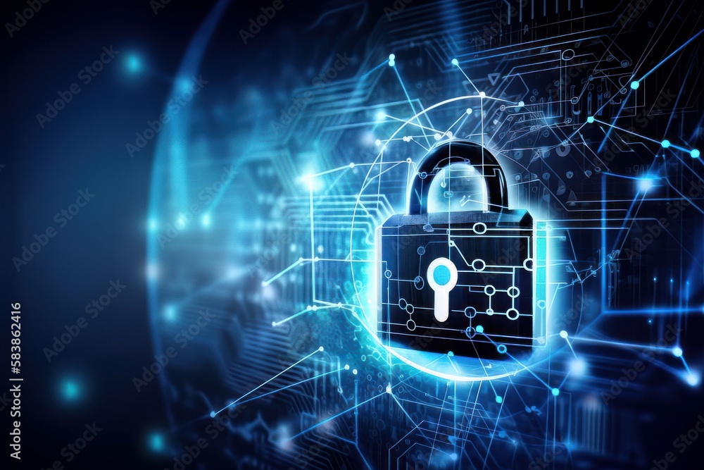 Cybersecurity concept, keylock in blue colors, binary code lock, AI generated Cybersecurity concept, keylock in blue colors, binary code lock, AI generated