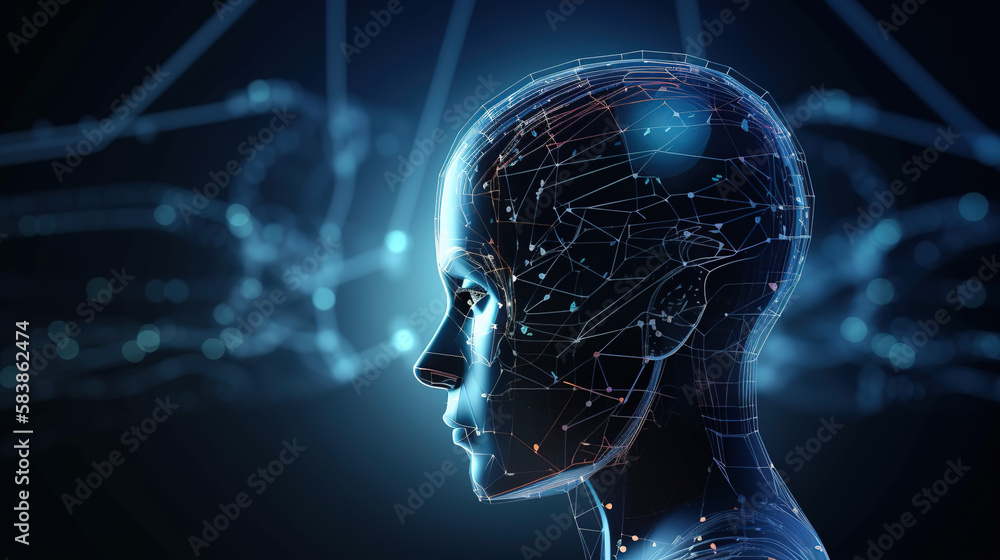 head with code background. face framed by a network of connected lines. generative ai. head with code background. face framed by a network of connected lines. generative ai.