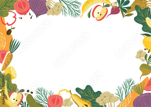 Fototapeta Naklejka Na Ścianę i Meble -  Vector frame with fruits and vegetables. Healthy food illustration. Isolated design