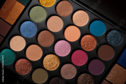 Eyeshadow palette with artistic mood, simple background, showing beauty industry with cosmetics