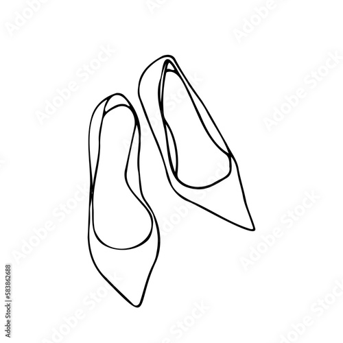 pointy women's shoes silhouette in doodle style. hand drawn vector illustration white high heel shoes