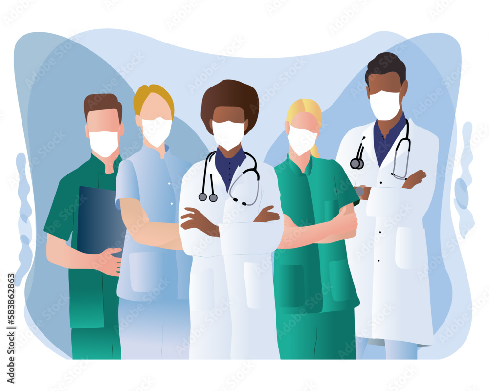 Vector of a medical staff, group of confident doctors and nurses, they are standing together, coronavirus prevention concept. Vector illustration in flat style. Vector of a medical staff, group of confident doctors and nurses, they are standing together, coronavirus prevention concept. Vector illustration in flat style.