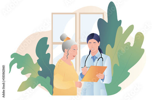 Female doctor in uniform talking with patient at hospital office. Conversation with doctor about test results and symptoms. Consultation in clinic office. Vector illustration in flat style.