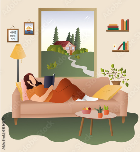 Woman reading book vector background. Relaxed girl comfortable sitting on a sofa and read in her living room. Cozy modern home interior with books, plants, and a view. Concept of homeward and comfort