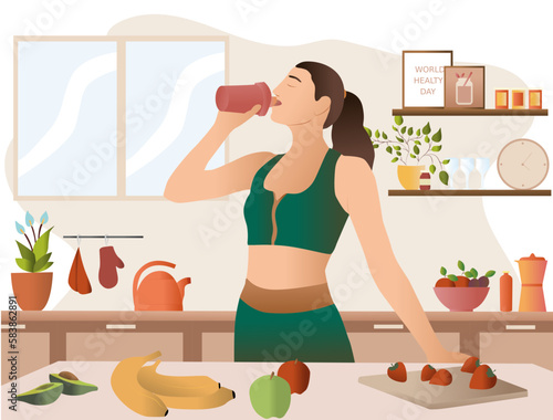 Fitness girl drinking protein shake in her kitchen. Bodybuilding sports nutrition, energy drinks, health food, vegetables and fruits. Sports nutrition vector illustration. website template, landing pa