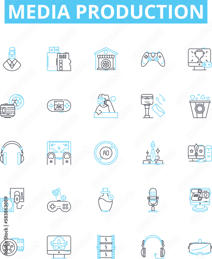 Media production vector line icons set. Filming, Animation, Editing, Post-Production, Photoshoots, Direction, Casting illustration outline concept symbols and signs