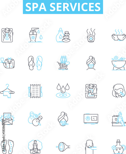 Spa services vector line icons set. Massage, Facial, Pedicure, Manicure, Waxing, Sauna, Scrubs illustration outline concept symbols and signs