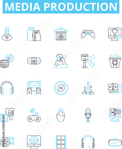 Media production vector line icons set. Filming, Animation, Editing, Post-Production, Photoshoots, Direction, Casting illustration outline concept symbols and signs photo