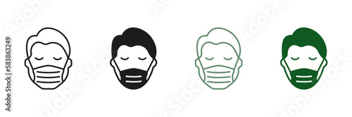 Medical Face Protection Mask Cover Mouth and Nose of Human Symbol Collection. Man in Face Mask Line and Silhouette Icon Set. Wear Respirator Against Virus, Dust, Allergy. Isolated Vector illustration