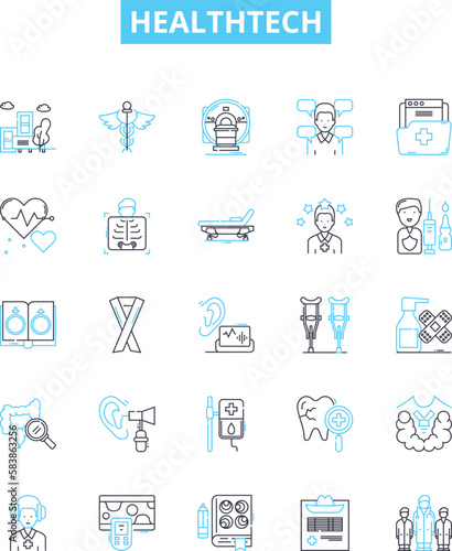 HealthTech vector line icons set. HealthTech, MedicalTech, CareTech, Telehealth, Wearables, Diagnostics, Telemedicine illustration outline concept symbols and signs