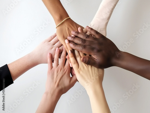 multiethnic hands together, teamwork and unity concept, white background, generative AI