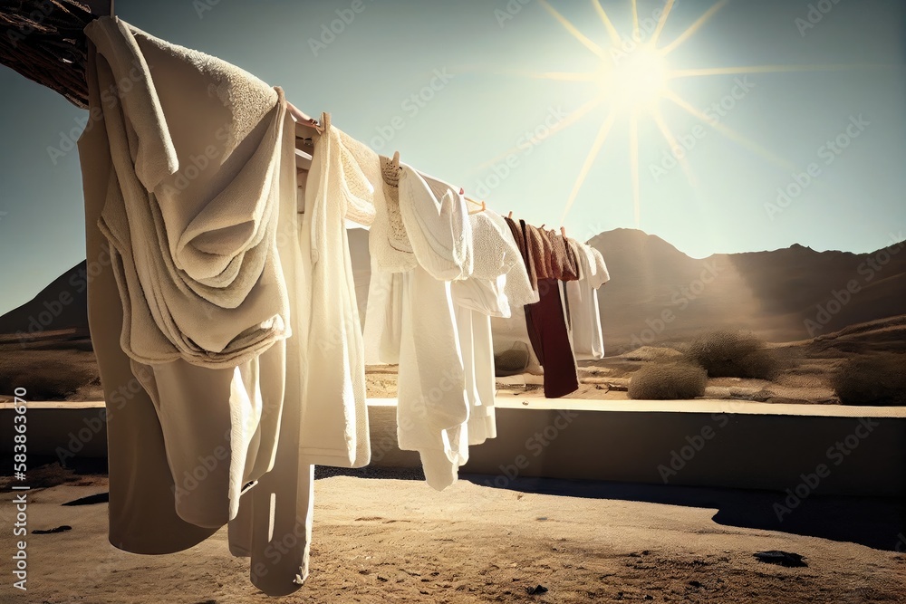 clothesline with towels and bathrobes hanging to dry in the sun, created with generative ai - obrazy, fototapety, plakaty 