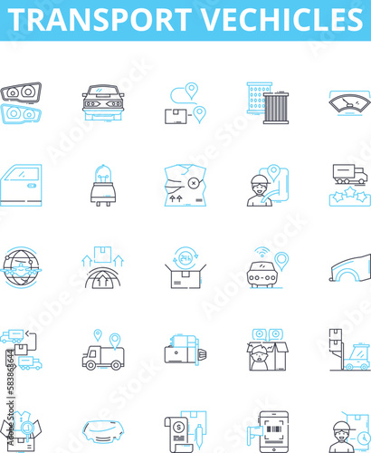 Transport vechicles vector line icons set. Car, Bus, Truck, Van, Plane, Boat, Motorcycle illustration outline concept symbols and signs