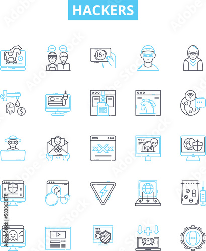 Hackers vector line icons set. hacking, cracker, malware, virus, exploit, phishing, cryptovirus illustration outline concept symbols and signs