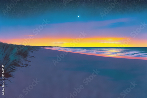 The white sandy beach stretches for miles, surrounded by clear blue water, palm trees swaying in the breeze and the sun setting on the horizon. you can see the waves of the milky way in the distance.