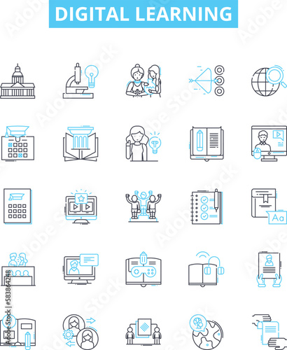 Digital learning vector line icons set. Digital, Learning, eLearning, Online, Technology, Course, Online-Learning illustration outline concept symbols and signs