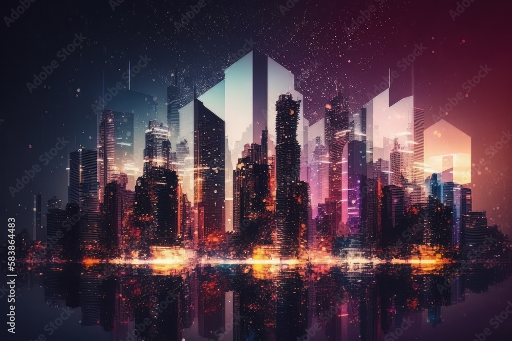 Nighttime in cyberpunk city of the futuristic fantasy world features skyscrapers, flying cars, and neon lights. Digital art 3D illustration. Acrylic painting. Generative ai