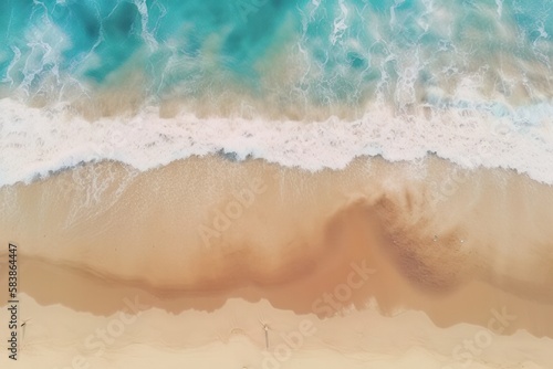 White sand beach turquoise sea wave aerial view copy space. Generative ai