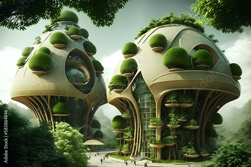 Futuristic beautiful nature village. Generative AI photo