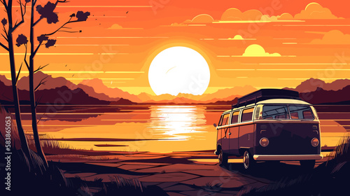 A Beautiful Sunset On A Roadtrip With The Camper Van At The Coast