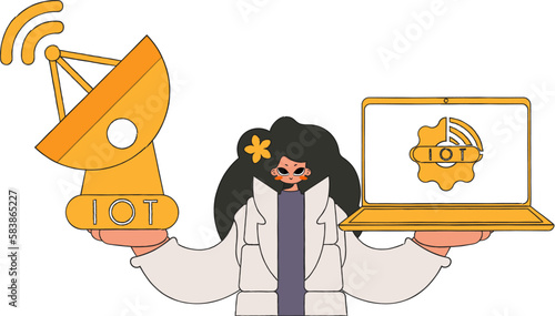 Girl with laptop and sat dish to access IoT.