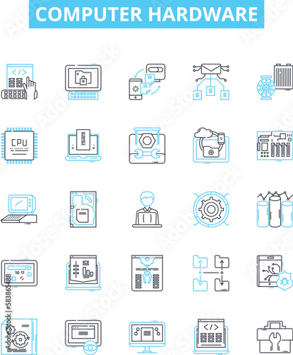 Computer hardware vector line icons set. Computer, Hardware, Monitor, Keyboard, Mouse, CPU, RAM illustration outline concept symbols and signs