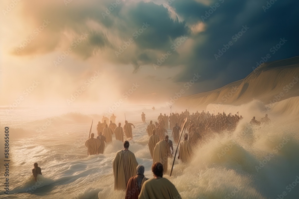Bible event of Moses parting red sea and leads Jews through bottom on