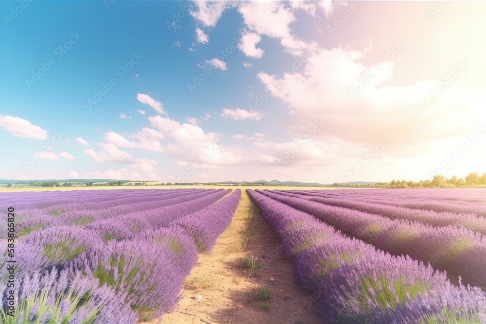 Lavender flower blooming fields in endless rows. Sunset shot. Generative ai Lavender flower blooming fields in endless rows. Sunset shot. Generative ai