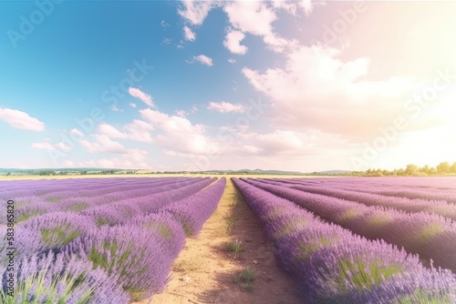 Lavender flower blooming fields in endless rows. Sunset shot. Generative ai