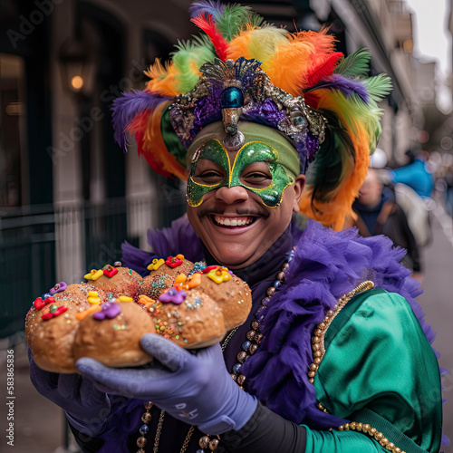 New Orlean Mardi Gras colorful costumed person with king cakes created with Generative AI technology photo