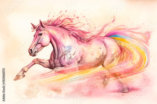 Beautiful running pink horse with a colored rainbow. AI generated.