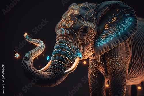Close up shot of an elephant with neon lights, generative ai