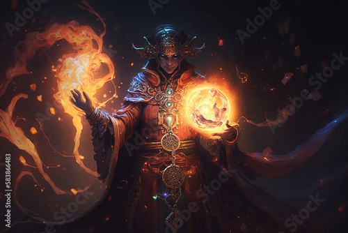 Fantasy Concept Art | A powerful mage surrounded by swirling magical energy, conjuring a massive fireball in their outstretched hand. Ai